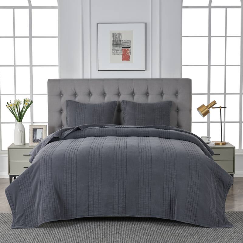 Stonewash Classic Cotton Quilt & Coverlet Set - Charcoal - Twin - Twin XL - 2 Piece