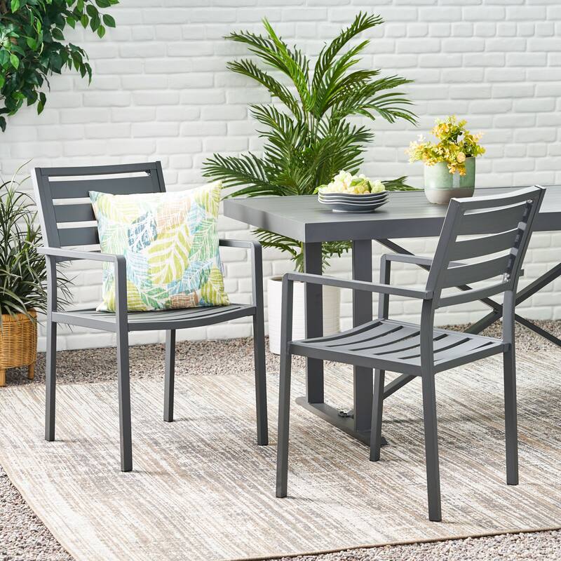 Roomfitters Modern Outdoor Aluminum Slat Back Dining Chairs, Rust Resistant Frame, Gun Metal Gray, Set of 2