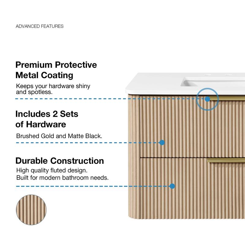 Amara 36 in. Sahara Birch Vanity with White Top and Brushed Gold Hardware