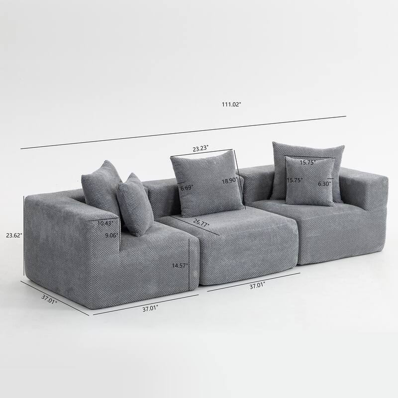 111" Oversized Modular Deep-Seat All-Foam Sectional Sofa in Soft Textured Chenille, 3-Piece Low-Profile Couch for Living Room