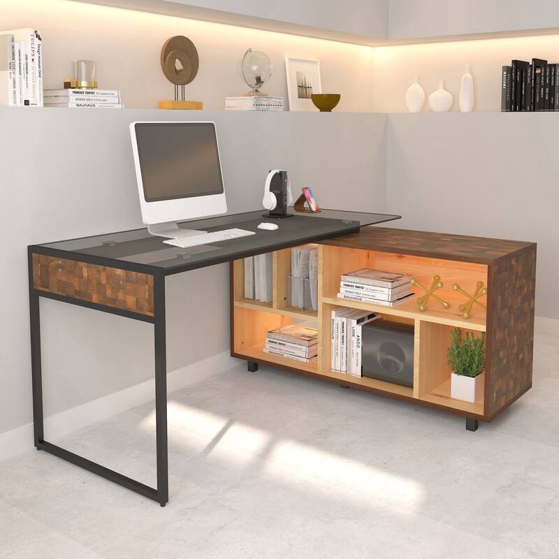 Multifunctional Design Computer Desks, L-Shape Corner Desk with Multiple Storage, Oak - Oak