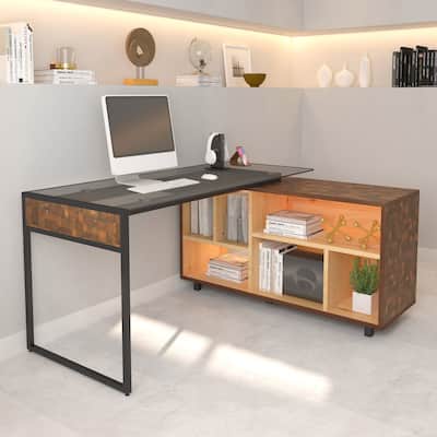 Multifunctional Design Computer Desks, L-Shape Corner Desk with Multiple Storage, Oak