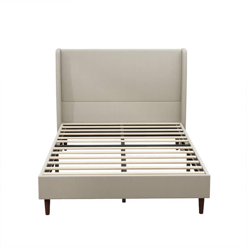 High Headboard Upholstered Bed, Queen Size Bed Frame, 12-Slat Support, Beige, Linen Cloth, No Box Spring Needed