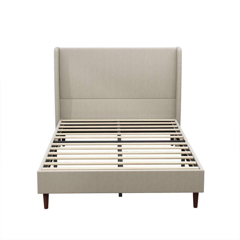 High Headboard Upholstered Bed, Queen Size Bed Frame, 12-Slat Support, Easy to Assemble, Beige, Linen Cloth