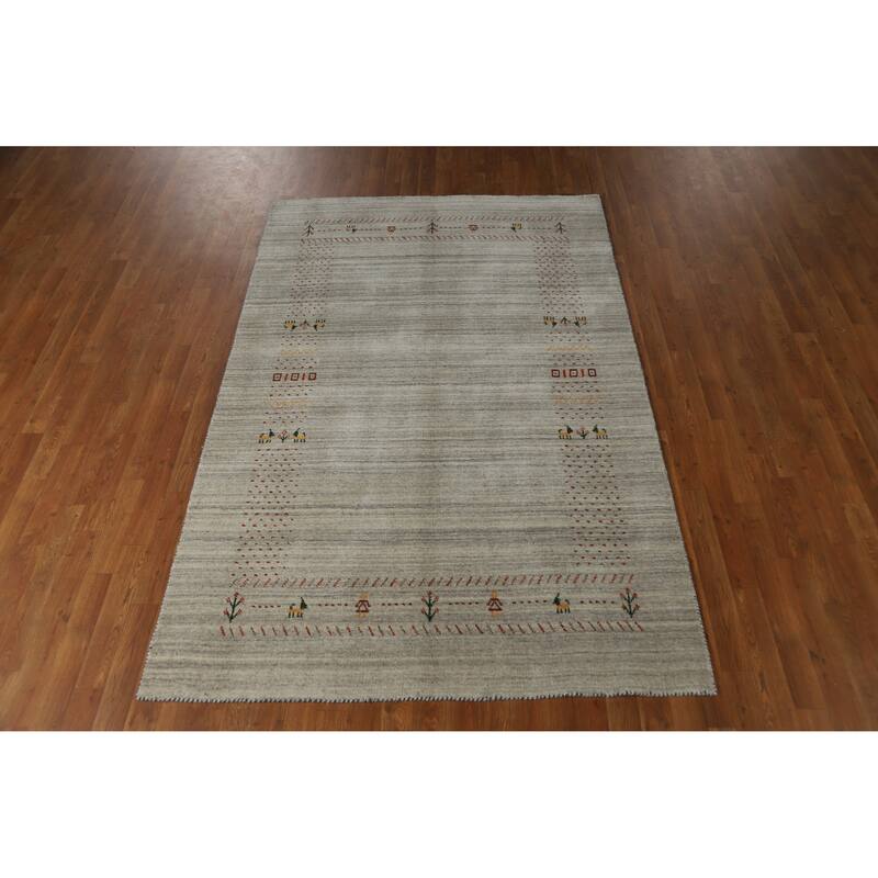Hand Knotted Oriental 100% Wool Carpet Tribal Animal Pictorial Greys & Charcoal Gabbeh Area Rug - 7' 10'' X 5' 1''