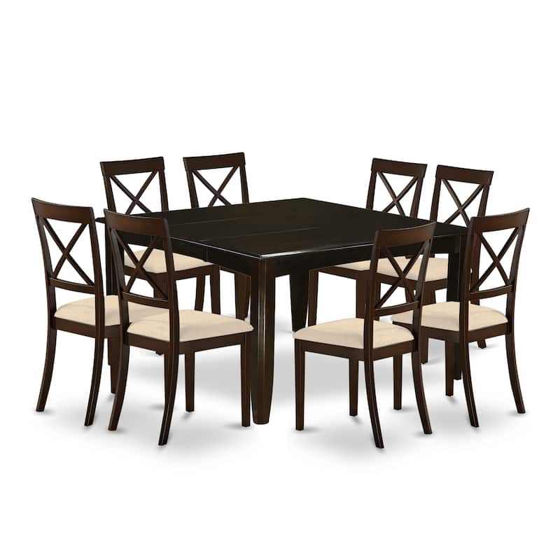 East West Furniture 7 Piece Dining Set Consist of a Square Dining Table and 6 Linen Fabric Chairs, Cappuccino(Pieces Option)