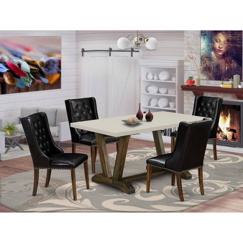 HomeStock 5-Piece Distressed Jacobean Finish Solid Wood Top Dining Table with 4-Chairs