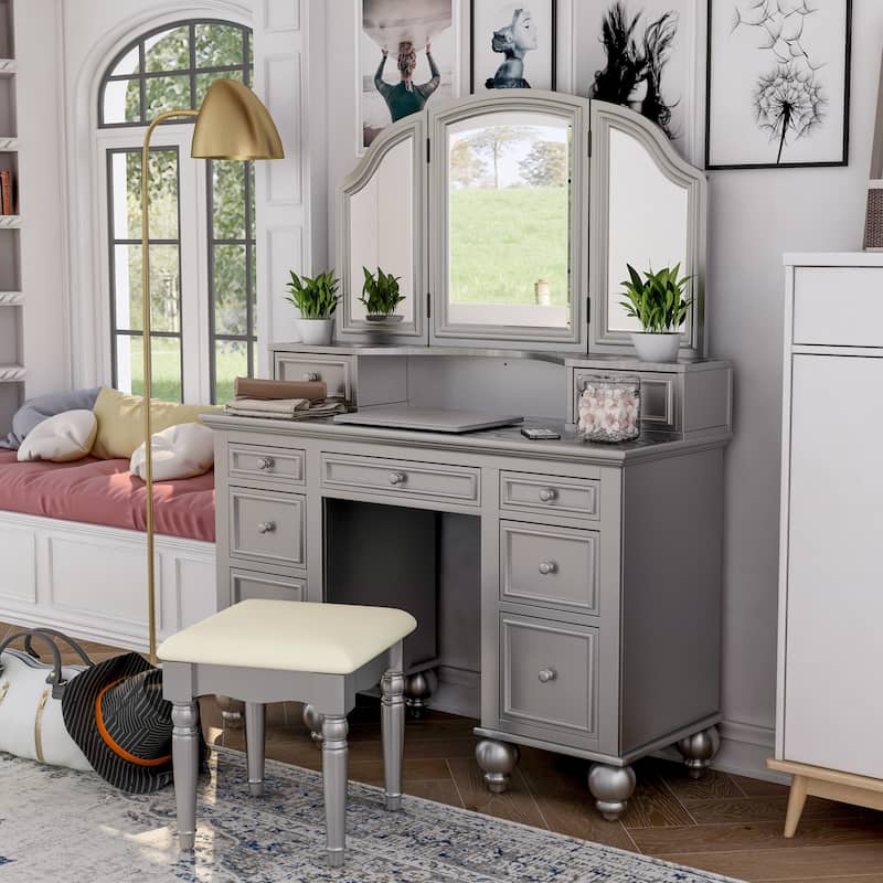 Boke Transitional Solid Wood 3-Piece Makeup Vanity Set with 3-side Mirror by Furniture of America