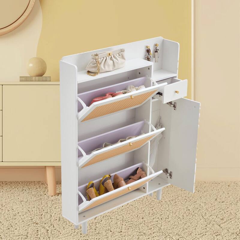 Stylish MDF Rattan Bed Top Cabinet, Shoe Rack Storage Cabinet for Bedroom, Hallway, Entryway with Retro Aesthetic