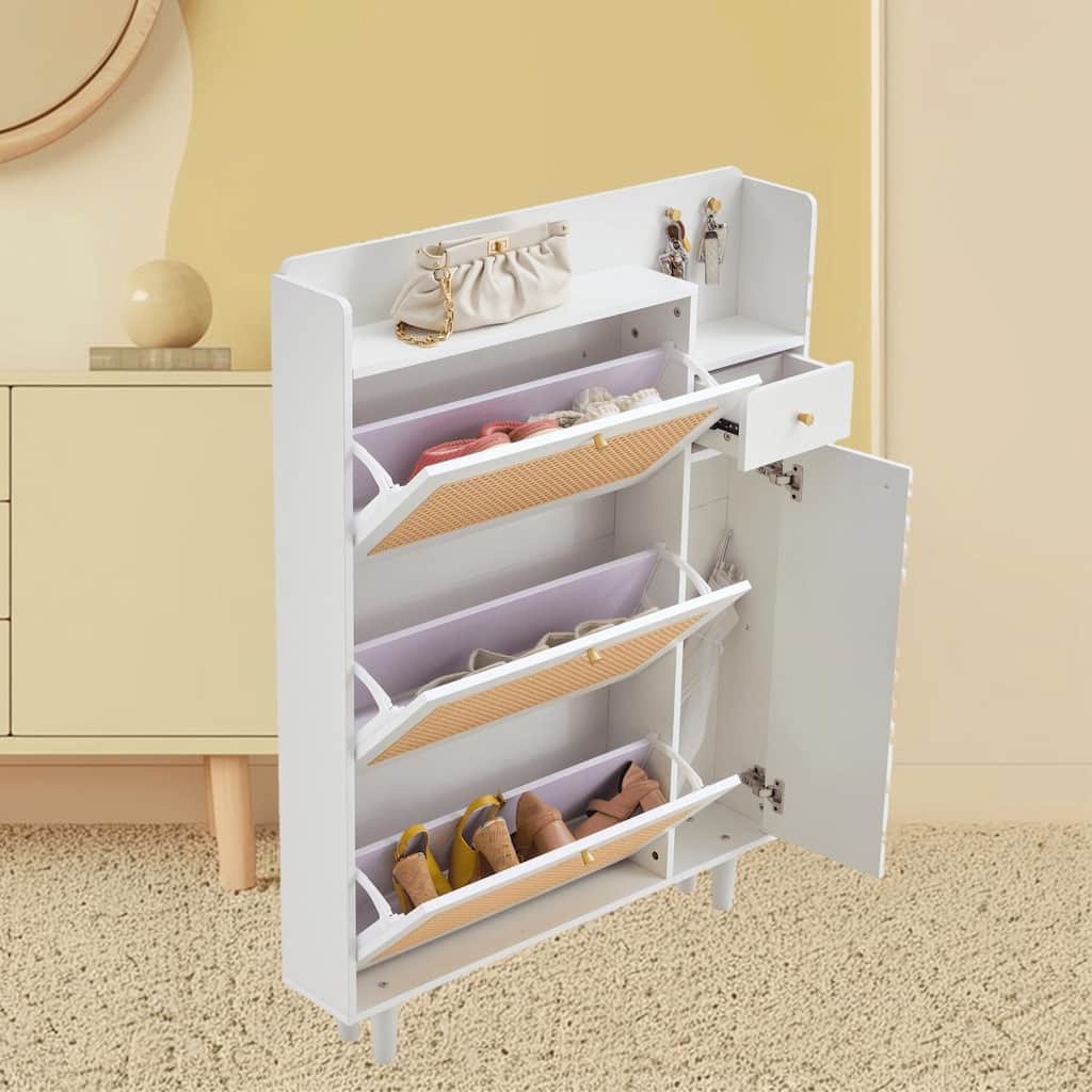 Stylish MDF Rattan Bed Top Cabinet, Shoe Rack Storage Cabinet for Bedroom, Hallway, Entryway with Retro Aesthetic