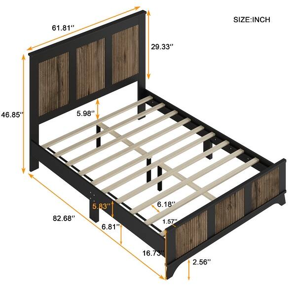 Farmhouse Platform Queen Size Bed, Modern Wooden Bed with Wooden Strip Decoration, Plywood Slats Support, Black