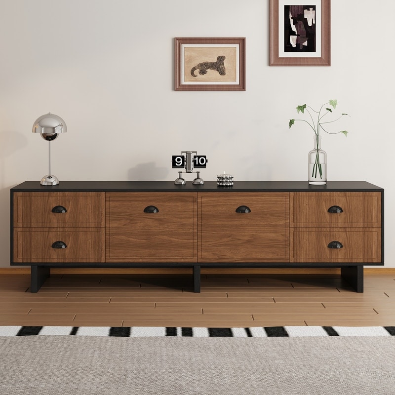 71" Modern Two-Tone Black & Brown TV Stand Media Console for Living Room