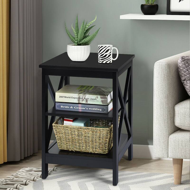 Gymax 2 PCS 3-Tier Nightstand End Table X Design Storage Display Shelf