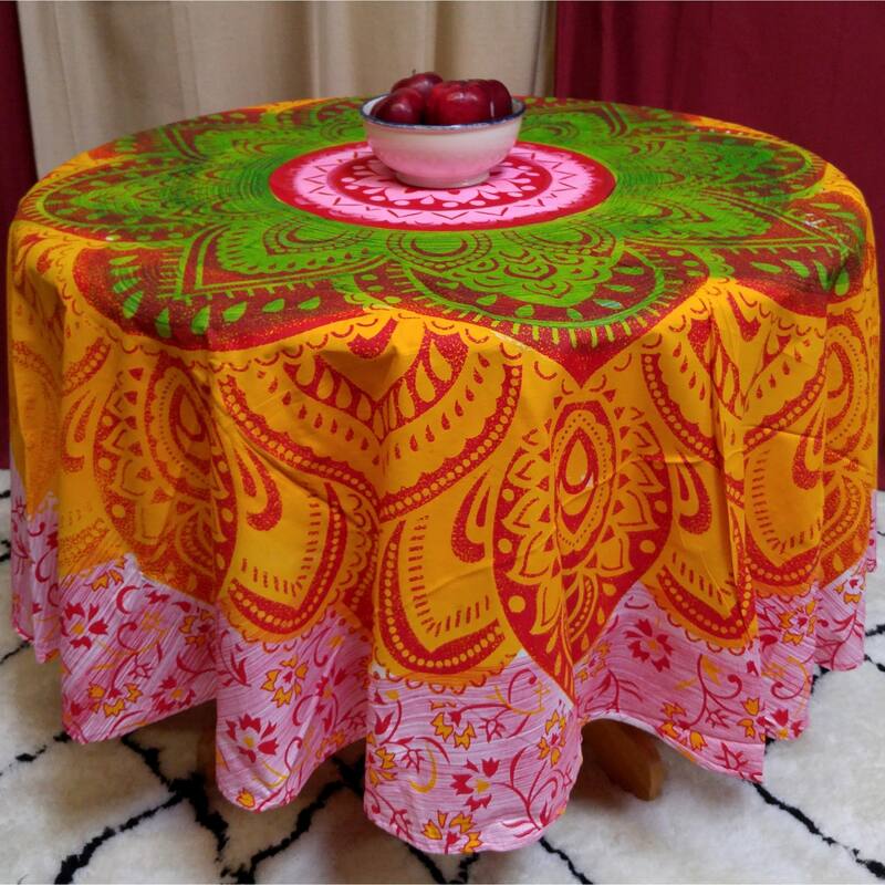 Cotton Flamboyant Elephant Floral Round Tablecloth Collection - Pink Yellow Green