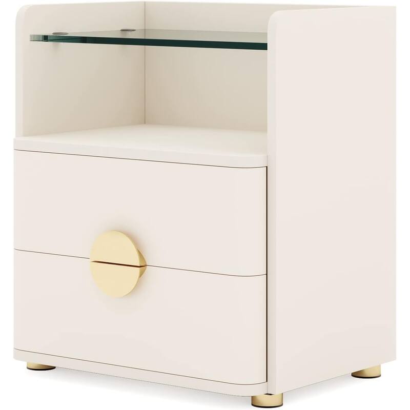 19.68" 2-Drawer Nightstand with Tempered Glass Top & Open Shelf - Wood Bedside Table with Gold Metal Legs, Stylish End Table