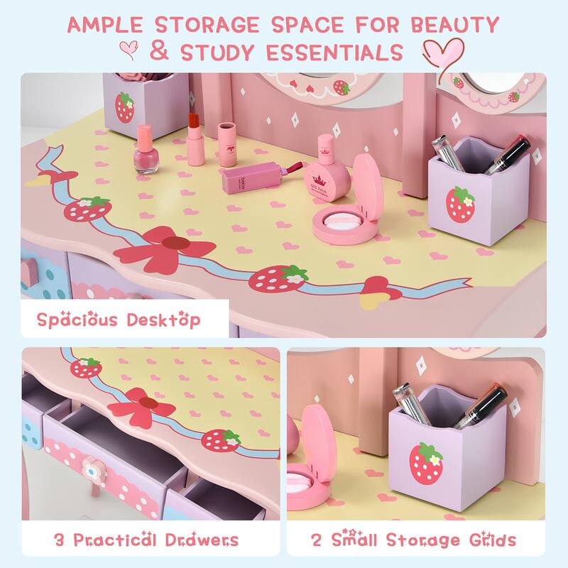 Costway Kids Vanity Princess Makeup Dressing Table Chair Set w/