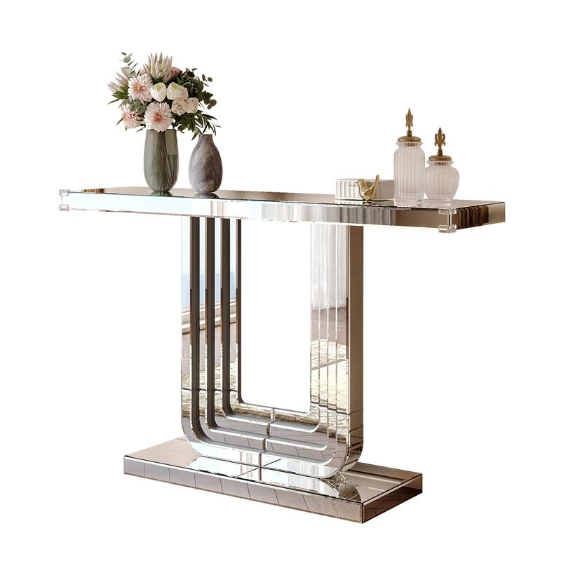 Roomfitters 47" Mirrored Console Table, Silver Entryway Table with U-Shaped Base & Hand-Spliced Line Design