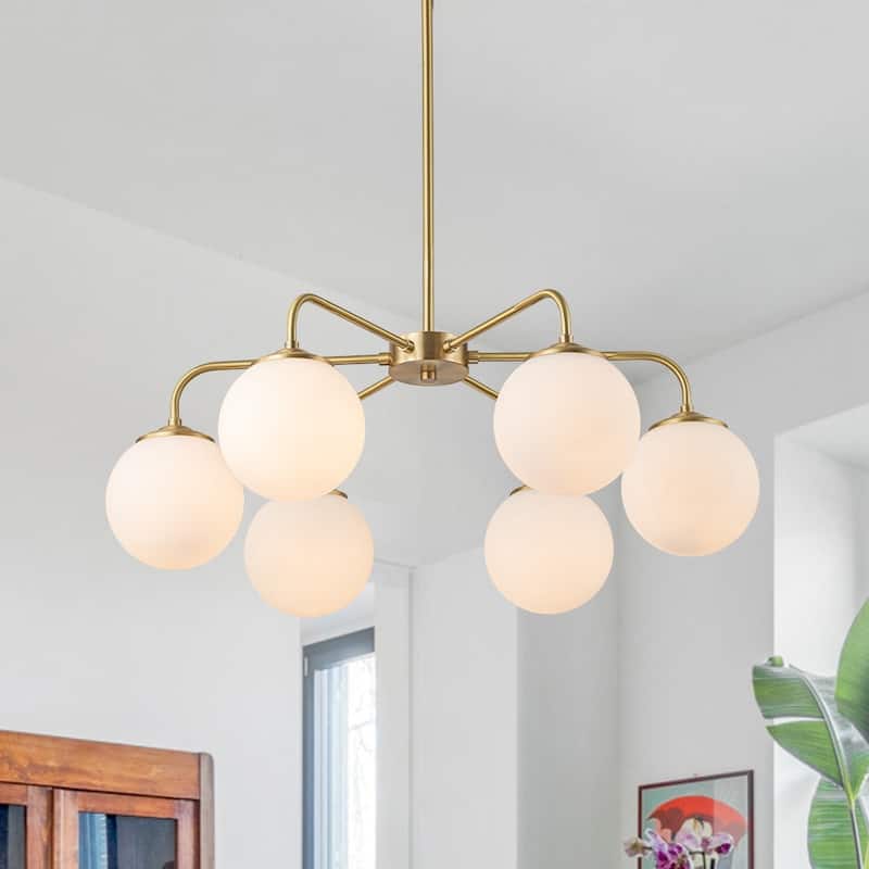 Modern 6-Light Brass Sputnik Chandelier with Frosted Glass Globes