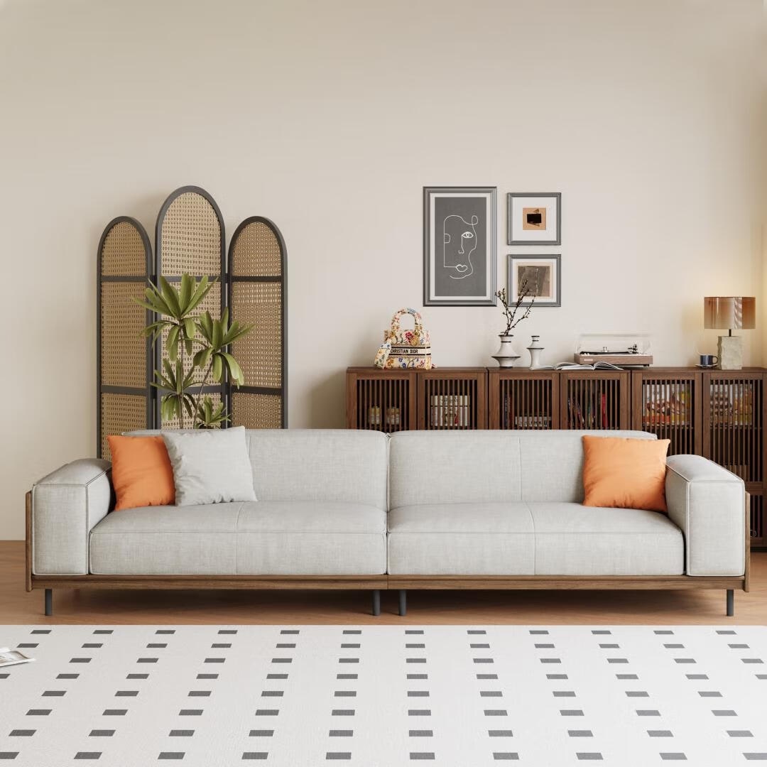 Mid Century Modern 4 Seater Cotton Linen Sofa with Walnut Accents - 110.24" W x 35.24" D X 31.49"