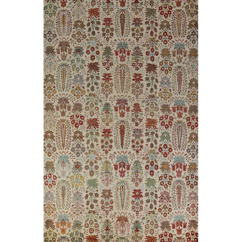 Hand Knotted Oriental 100% Wool Carpet Traditional All-Over Beige & Ivories Ziegler Area Rug - 9' 10'' X 6' 6''