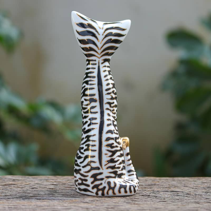 Novica Handmade Zebra Cat Porcelain Statuette
