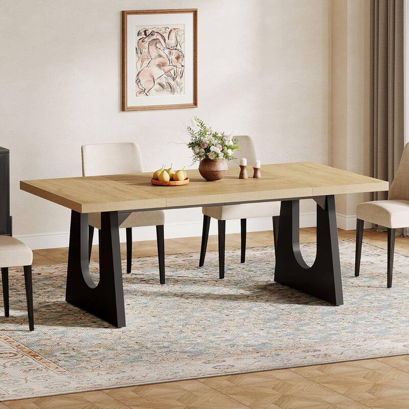 71" Farmhouse Oak and Black Dining Table Rectangular with Solid Wood Legs