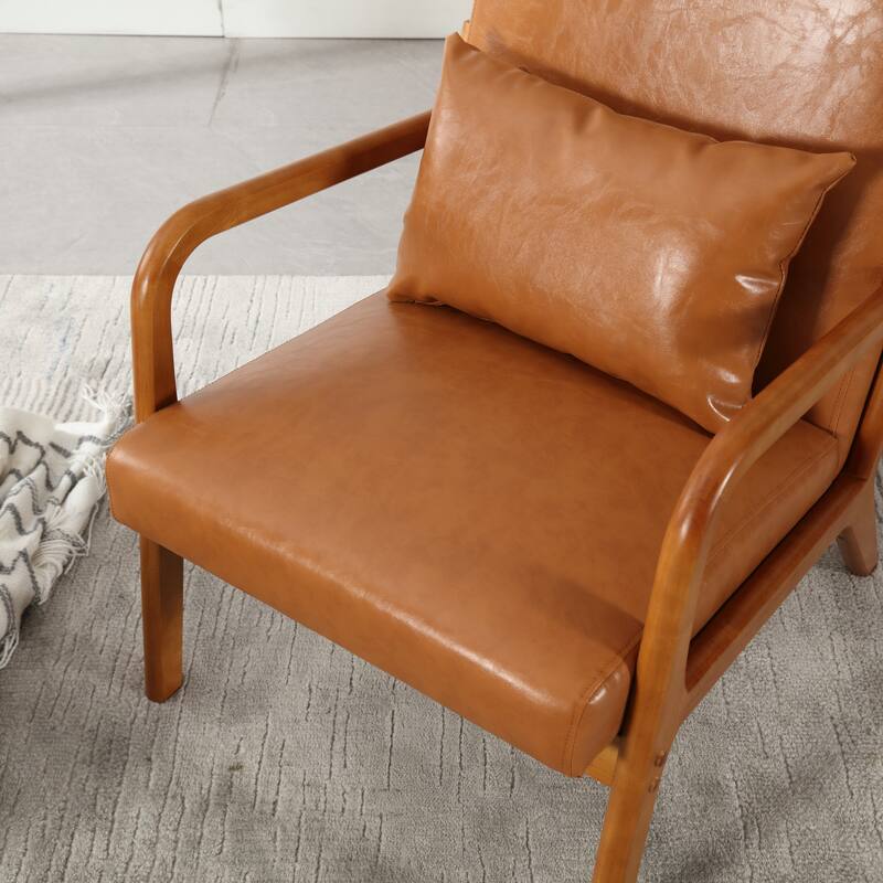 Light Brown 23.23" Upholstered Accent Chair with Rubber Wood Legs and Pillow