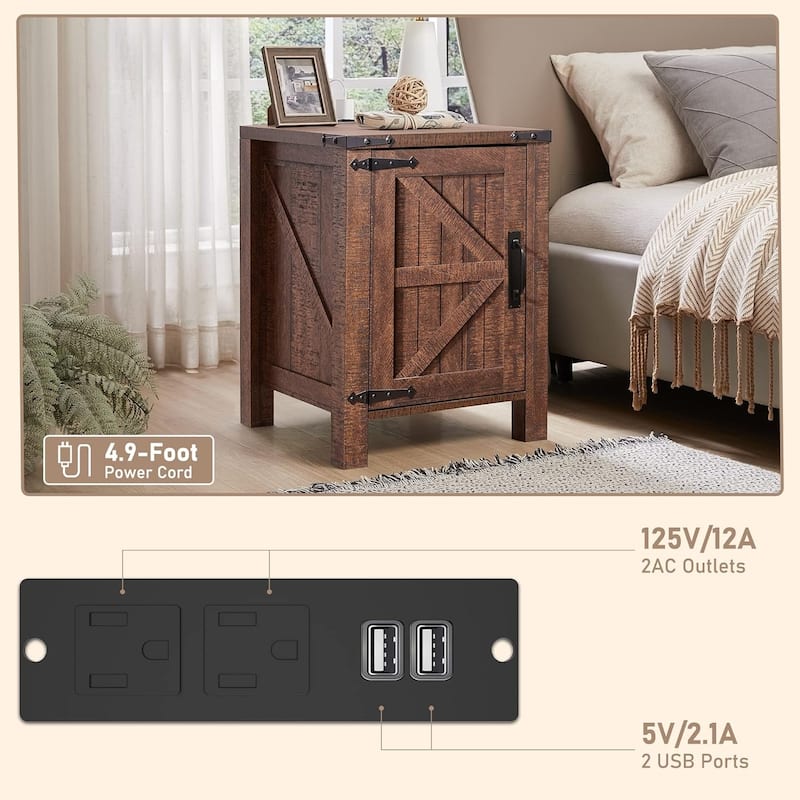 Farmhouse Nightstand Set of 2 with Charging Station, Rustic End Table