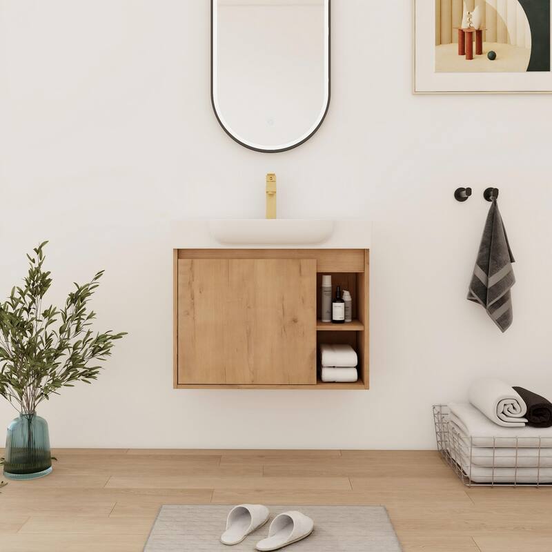 Bathroom Vanity With Sink In 24/28 Inch, Floating Bathroom Vanity With Soft Close Door - 27.2''W×14.8''D×22.8''H - Imitative Oak