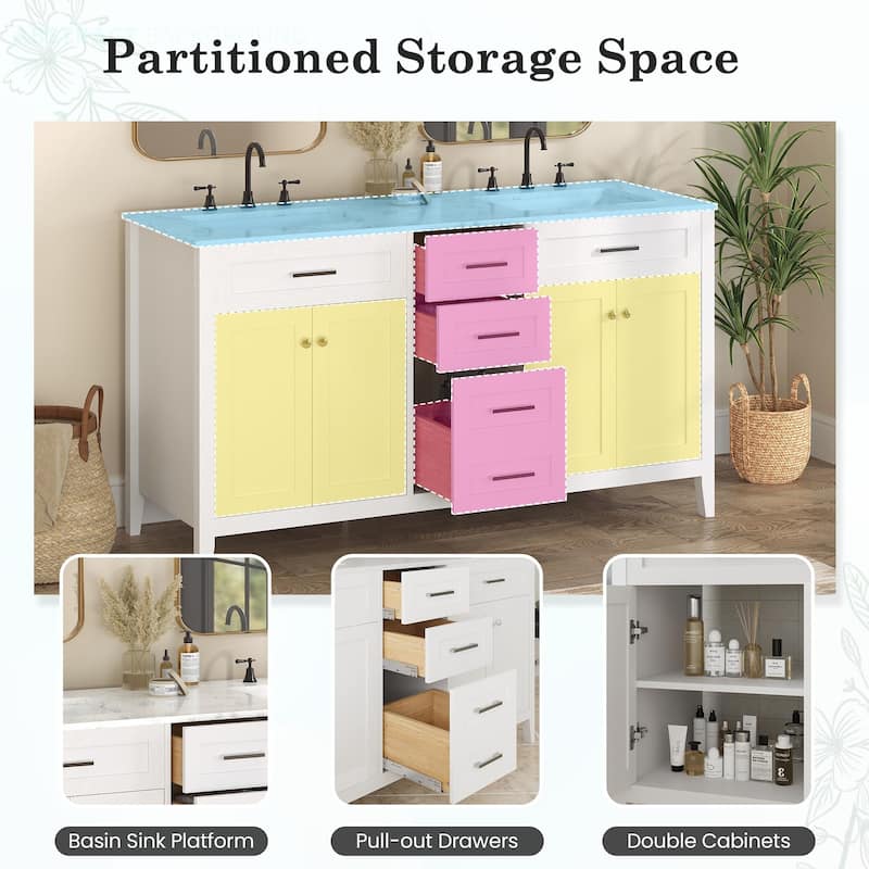 EROMMY All-in-One Bathroom Vanity with Ceramic Sink, Soft-Close Storage Cabinet & Drawer, Glossy Countertop, White