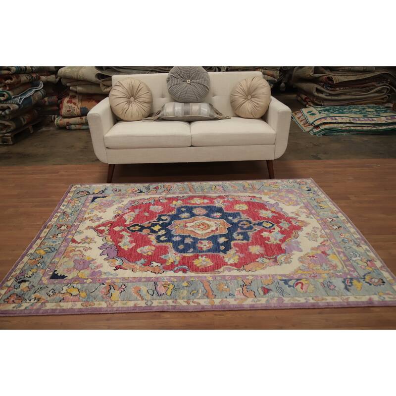 Hand Knotted Oriental 100% Wool Carpet Transitional Medallion Red Oushak Area Rug - 6' 11'' X 5' 1''
