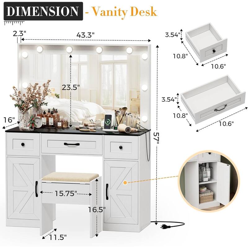 43.3'' Wide Makeup Vanity Dressing Table with Adjustable Lighted Mirror and Stool, Power Outlet