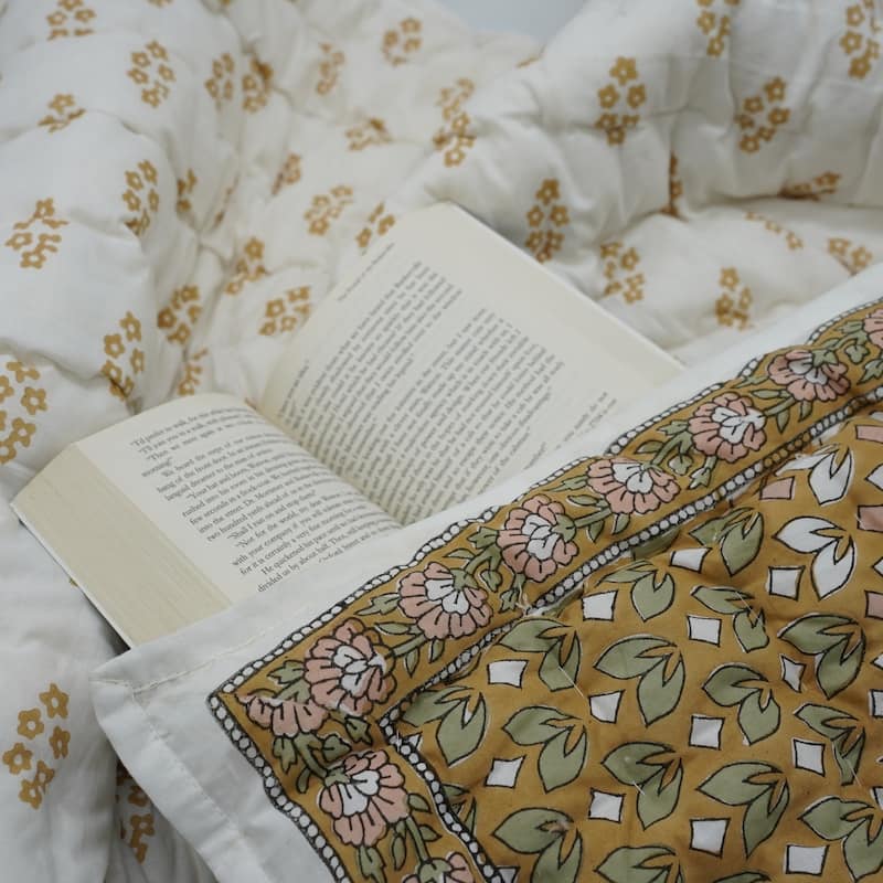 Fabdivine Floral Hand Block Print Cotton Mustard Quilt - Bohemian Bedroom Decor, Titli, Soft & Lightweight Handmade Bedspread