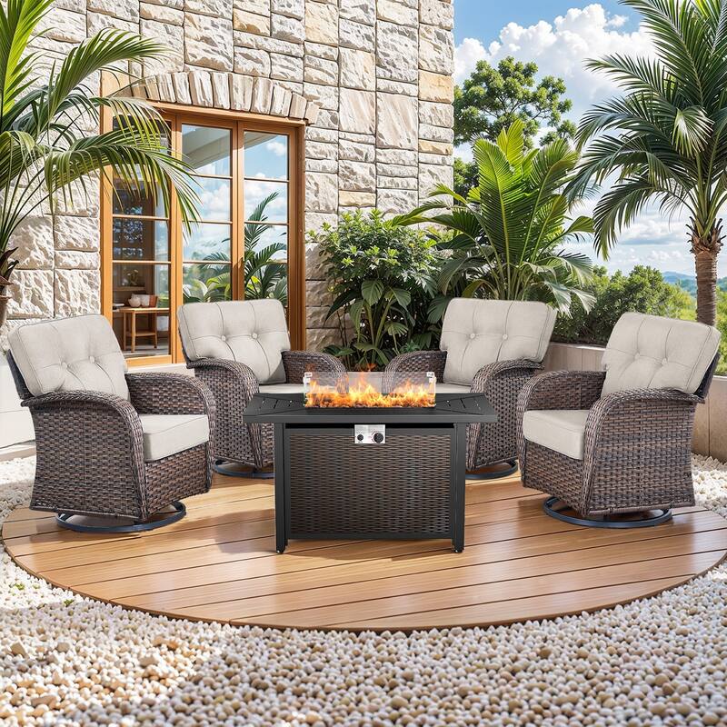 Pocassy Outdoor 43 In Fire Table with Swivel Chair Set - Brown Wicker Beige Cushion - 4-Piece Swivel Chair with Fire Pit Table