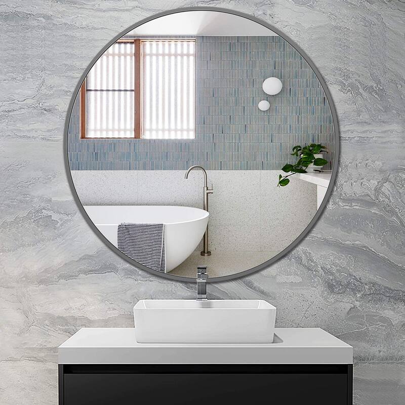 Wall Round Mirror 30'' Modern Brushed Metal Frame Wall-Mounted