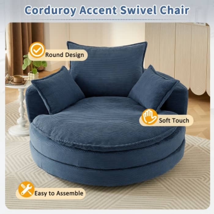 57.5" 360° Swivel Barrel Chair - Dual-Layer Cushion with 3 Removable Pillows for Living Room & Office