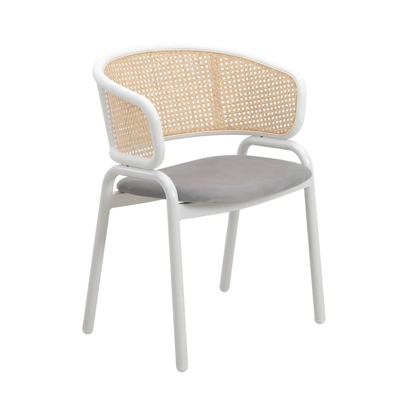Ervilla Modern Stylish Side Chair with Rattan Back and White Steel Legs for Dining Room & Kitchen - Grey