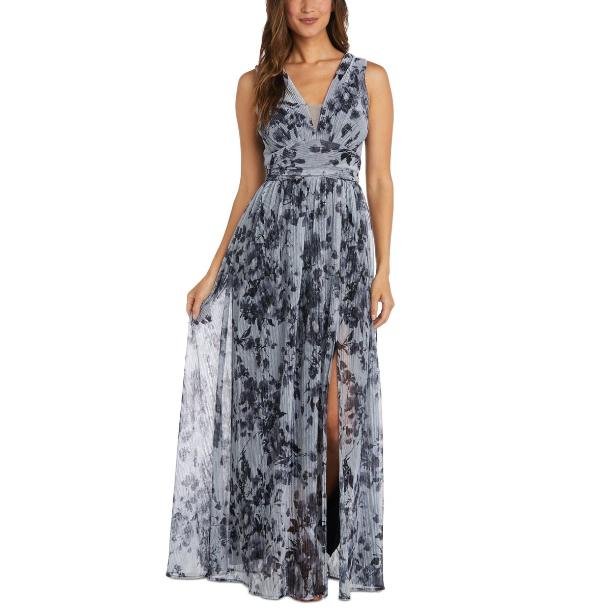 Nightway Women's V Neck Floral Print Gown Black Size Petite