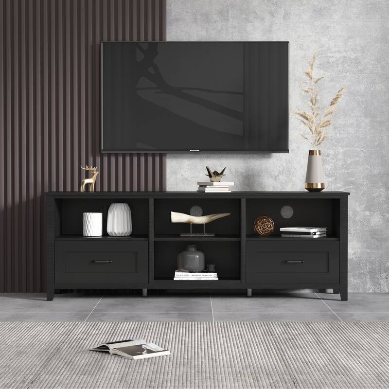 Contemporary TV Stand with 4 Open Storage Compartments and 2 Drawers, Fits 60 TVs, 70 W.