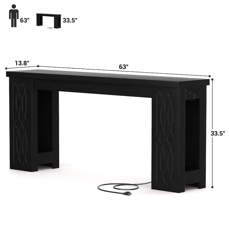 63" Farmhouse Console Table with RGB LED Lights ＆ Power Outlets, Unique Carved Design Entryway Table, Wooden Sofa Table