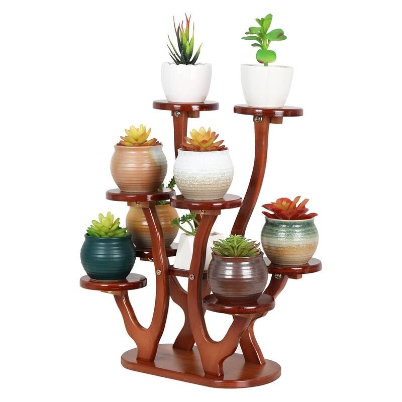 9 Tiers Small Windowsill Plant Shelf Indoor,Bamboo Succulent Plant Stand - 11.8 x 6.7 x 17.9 inches - Red Brown
