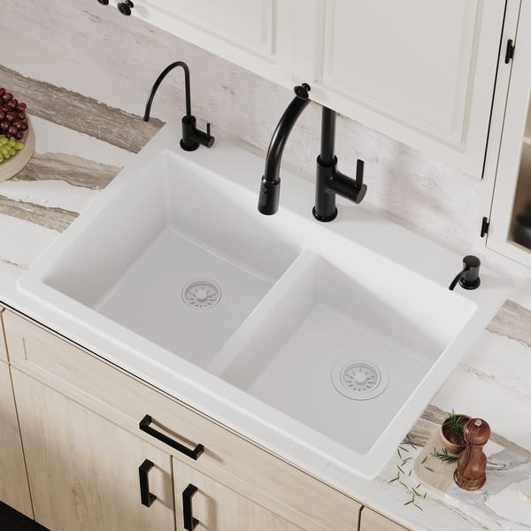 slide 2 of 55, Karran Top Mount Double Equal Bowl Quartz Kitchen Sink - 33" x 22" x 9" - 33" x 22" x 9"