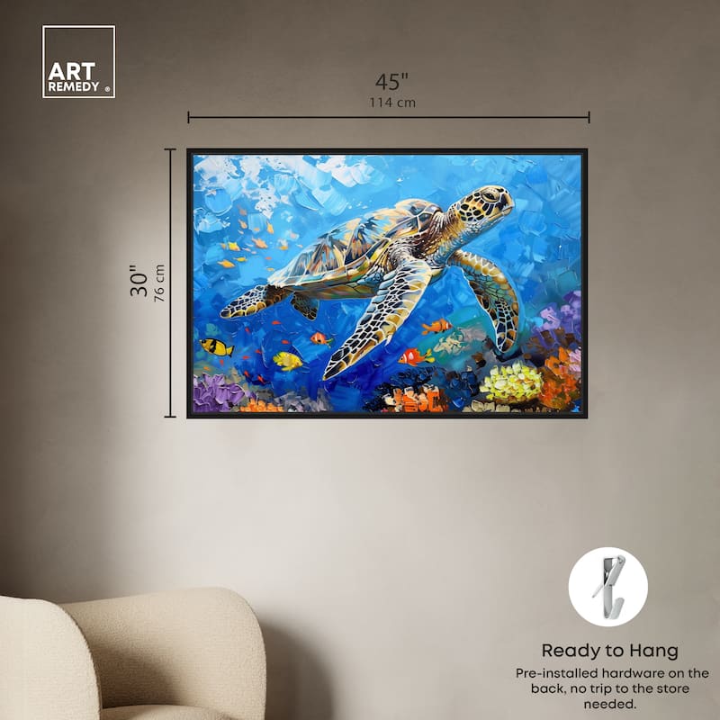 Art Remedy Turtle Swimming Framed Colorful Coastal 1 Piece Canvas Wall Art