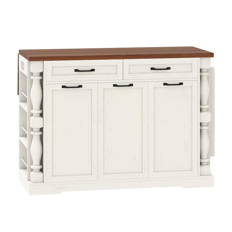 Mobile Kitchen Island with Drop Leaf Table Power Outlet and Pull-Out Trash Can for Space-Saving Storage