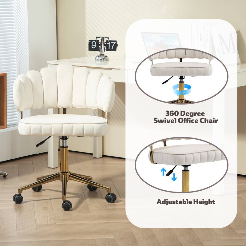 Velvet Home Office Desk Chair, Height Adjustable Task Chair, Armless Single Chair with Wheels, 360° Swivel Vanity Chair - N/A