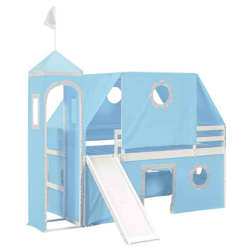 Kids Loft Bed Bed Castle-Shaped Bunk Bed with Slide and Safety Guardrail, Playhouse Bed with Tent & Tower Decor for Kids
