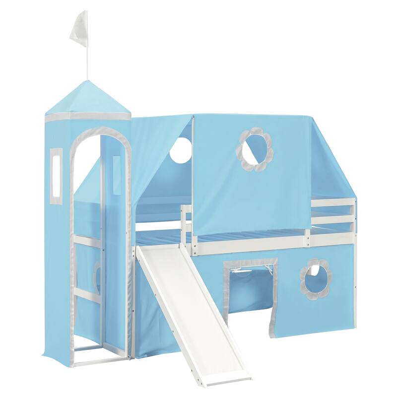 Roomfitters Full Size Loft Bed with Slide, Pink Tent and Tower Playhouse Design