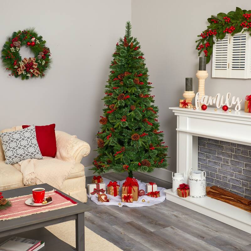 6.5' Norway Mixed Pine Artificial Christmas Tree with 350 Clear LED Lights, Pine Cones and Berries