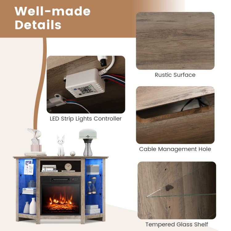 Electric Fireplace Corner TV Stand with LED Lights and Adjustable Glass Shelves - 45" x 22" x 30"