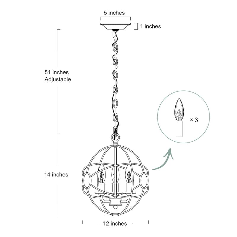 Carbon Loft Modern Industrial Metal 3-Light Orb Pendant for Living Room - W12"xH14"